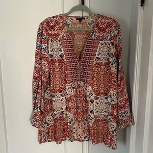 Alberto Makali Red and Blue Geometric Blouse